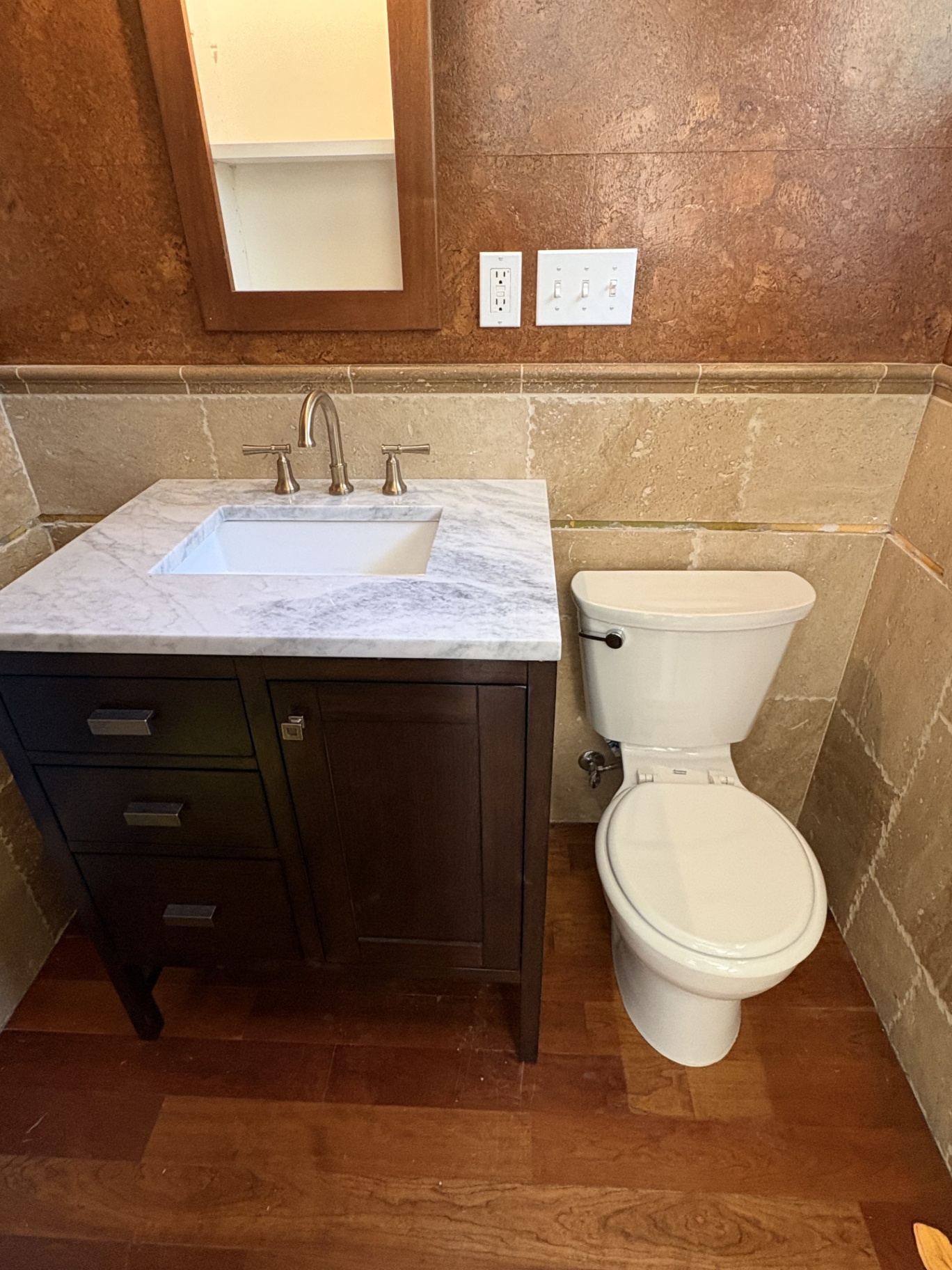 New vanity, marble top, faucet and toilet installation