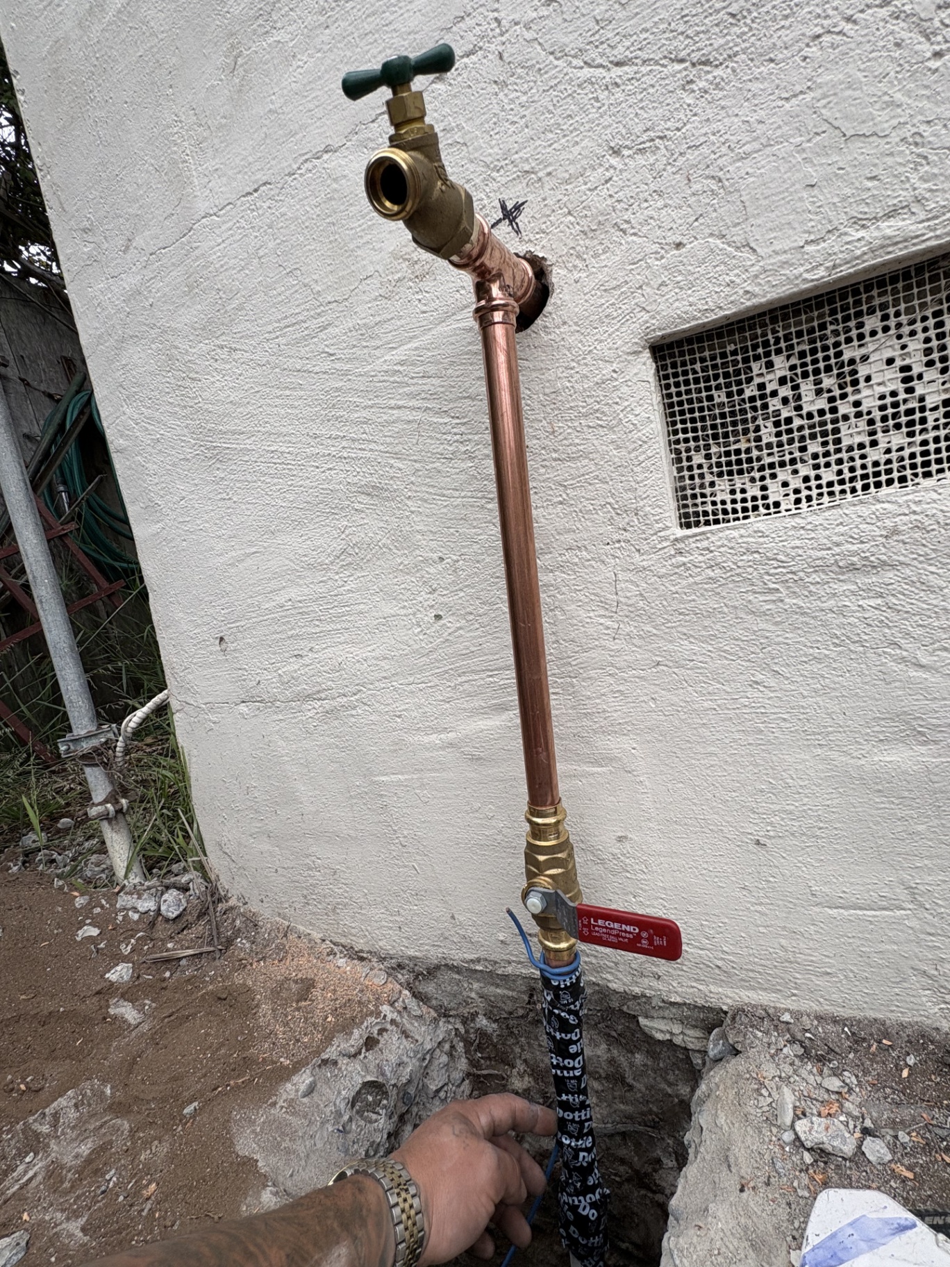 New outdoor copper hose bib and shut-off valve
