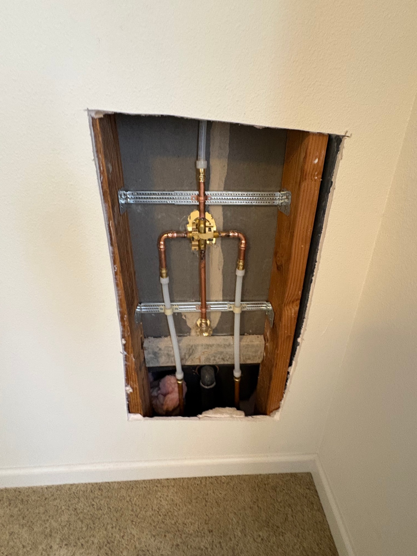 New copper shower valve and supply lines rough-in