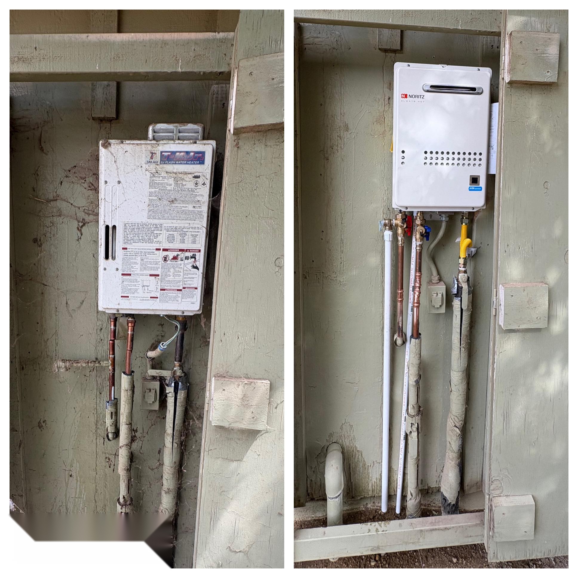 Tankless water heater replacement — before and after